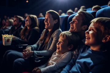 An American-looking family enjoys sitting in a movie theater. AI generated. - obrazy, fototapety, plakaty