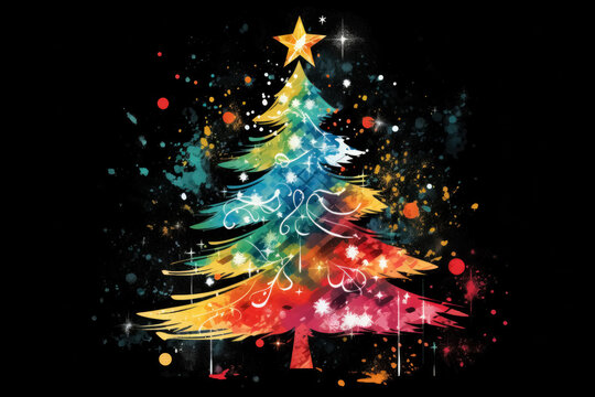 Creative abstract multicolored painted of Christmas tree on black background. 