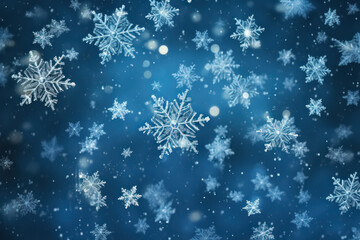 Xmas blue background with falling white snowflakes, snowy New Year backdrop. 