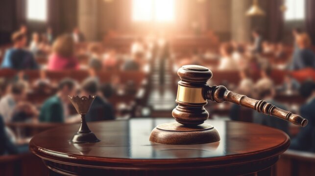 A gavel on a tabletop with blur background of courtroom that full of people. beautiful Generative AI AIG32