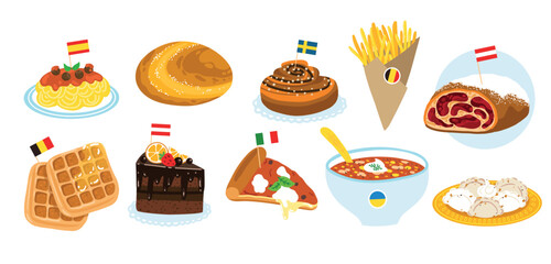 European food set. European cuisine. Appetizing national dishes in a simple cartoon hand-drawn style. Colorful vector illustration. Isolate on a white background.