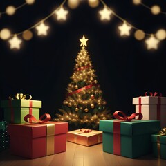 Christmas tree with presents, gifts, hanging lights, in a dark background, AI Generated