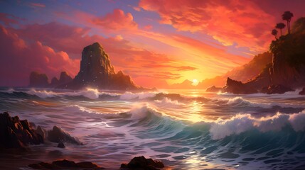 Beautiful panoramic seascape at sunset. Digital art painting