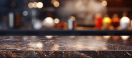 Modern empty dark marble table top or kitchen island on blurry bokeh kitchen room interior background. for montage product display. digital ai art, Generative AI - obrazy, fototapety, plakaty
