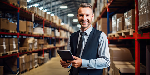 Smiling and laughing salesman in a hardware warehouse standing checking supplies on his tablet.