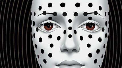 Abstract female face with applied black and white polka dot makeup. Body art. Illustration for cover, card, postcard, interior design, decor or print.