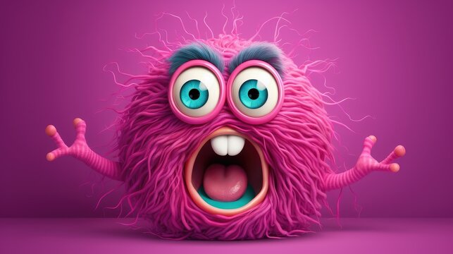 Naklejki A fluffy ball-shaped surprised purple colored monster screams and waves its arms. Shocked smiley face. Funny children's toy.  Facial expression. An illustration of a varied design.