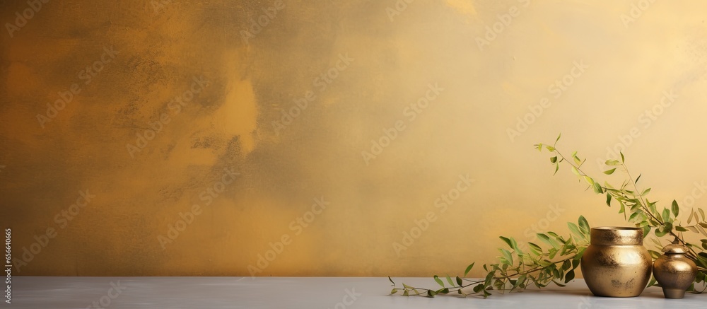 Poster suitable backdrop for cosmetic product presentation and mock up featuring gold stucco table with nat