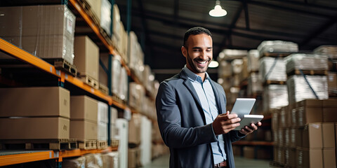 Smiling salesman in a hardware warehouse standing checking supplies on his tablet. - obrazy, fototapety, plakaty