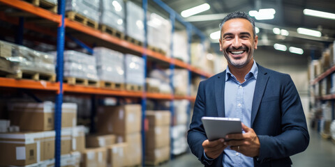 Smiling salesman in a hardware warehouse standing checking supplies on his tablet.