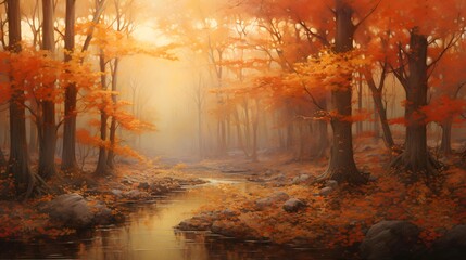 Autumn forest in the morning. Panoramic image of autumn forest.