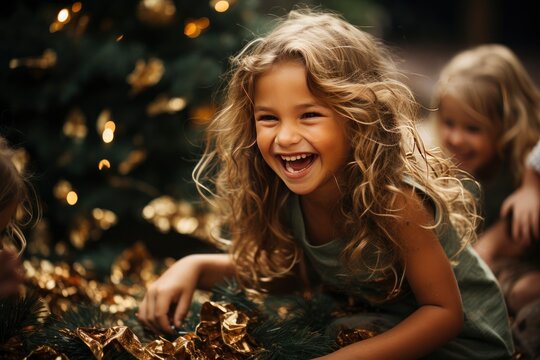 Merry Christmas and Happy Holiday! Cute little children girls with present gift box near tree at home.