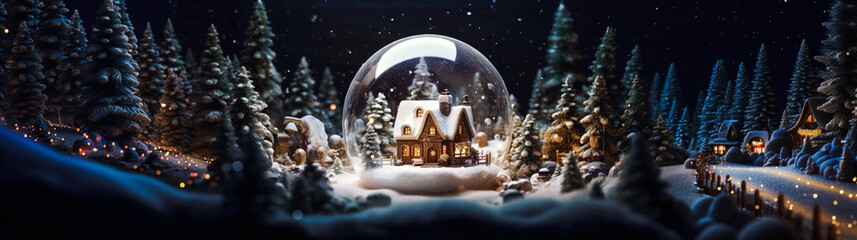 A miniature house inside a snow globe nestled in the heart of a pine forest glistening with enchanting winter magic during the festive season.