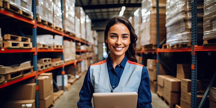 A smiling woman worker in a hardware warehouse standing checking supplies on her tablet. look at camera