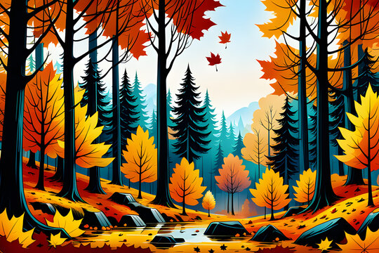 A breath-taking illustration of a colourful autumn forest, with a mix of trees in all shades of red, orange, and yellow.