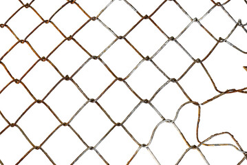 Naklejka premium The texture of the metal mesh on a white background. Torn steel, metal mesh with holes