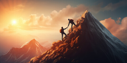 Teamwork concept with man helping friend reach the mountain top - obrazy, fototapety, plakaty