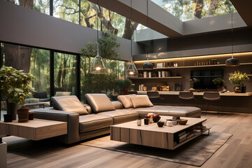 modern living room with leather sofa high ceilings and  roof window