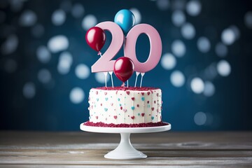 Birthday cake on a 20 years decorated with topper number twenty on a blue background with colorful balloons.