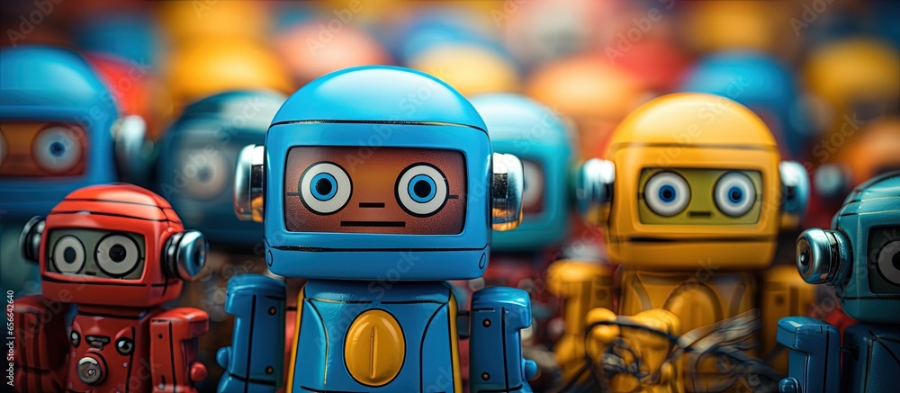 Poster colorful vintage toy robots collection in close up view with copyspace for text