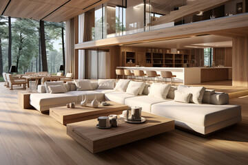 modern open concept living room with a large couch wooden floors and wooden walls