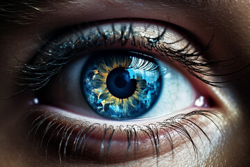 a close up of a person's eye with a blue eye - obrazy, fototapety, plakaty