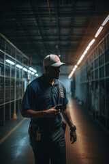 A security guard walking through the warehouse. AI Generated - obrazy, fototapety, plakaty