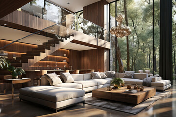 luxury modern living room with stairs led lighting double height ceilings large couch and concrete floors