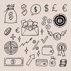 Hand drawn business icons. Finance, money, investment, strategy. Doodle, sketch design