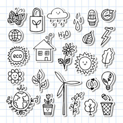 Hand drawn ecology, eco icons. Zero waste concept. Alternative energy. Ecological, green lifestyle. Stickers