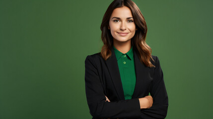 Smiling female professional, advertising against isolated background. Portrait of cheerful saleswoman advising and recommending new product