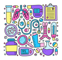 Set of doodle colored pulmonology items.