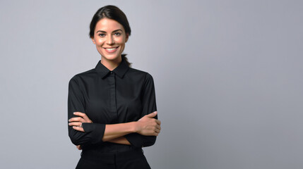 Obraz na płótnie Canvas Smiling female professional, advertising against isolated background. Portrait of cheerful saleswoman advising and recommending new product