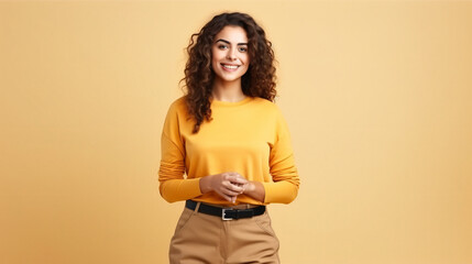 Smiling female professional, advertising against isolated background. Portrait of cheerful saleswoman advising and recommending new product - obrazy, fototapety, plakaty