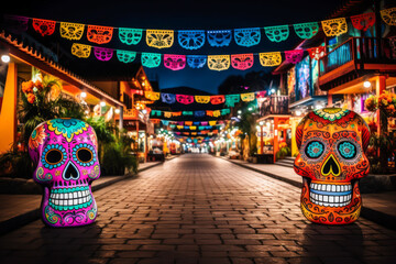 Large sugar skulls and papel picado tissue paper banners and strung across street in Mexico, night, holiday, Day of the Dead
