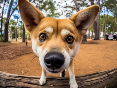 Close-up portrait of a wild dingo dog. Detailed image of a muzzle. Wild animal looking at something. Illustration with distorted fisheye effect. Design for cover, card, postcard, decor or print.
