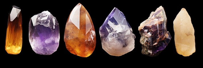 set of six different quartz crystal rocks isolated on black background, semi precious stones / gems design elements, - obrazy, fototapety, plakaty