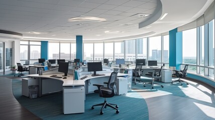Fototapeta na wymiar Inspiring office interior design Modern style Corporate Office with Open Space Design featuring Floor-to-ceiling windows architecture. Generative AI AIG 31.