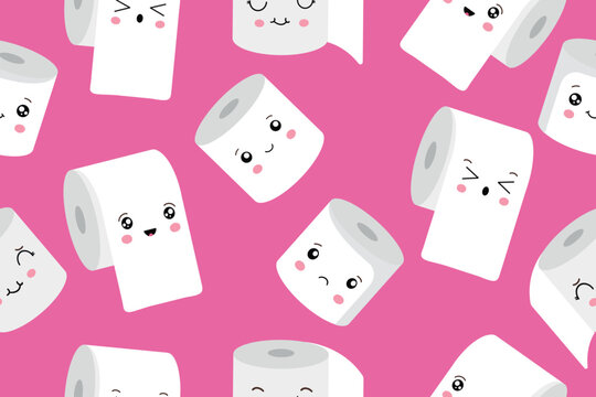 Seamless pattern with cute kawaii cartoon toilet paper rolls with faces. Vector illustration. Vector illustration