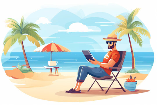 Remote work, office on the beach concept. Summer illustration.