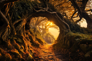 Golden sunlit trail through woods, fall, autumn, magical, fantasy - obrazy, fototapety, plakaty