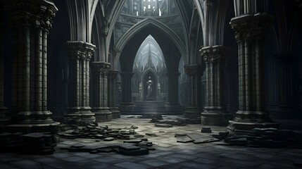 Mysterious gothic cathedral interior. 3d render illustration - obrazy, fototapety, plakaty
