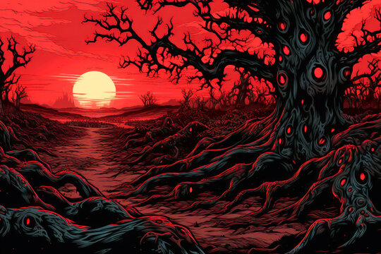 Halloween landscape with barren dead trees and red sky