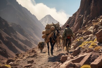 Journey Through Atlas Majesty. Witness the Nomadic Culture as Berbers and Mules Embark on an Adventure Laden with Bags and Boxes in the Moroccan Wilderness of Toubkal - obrazy, fototapety, plakaty