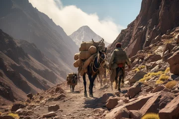 Poster Journey Through Atlas Majesty. Witness the Nomadic Culture as Berbers and Mules Embark on an Adventure Laden with Bags and Boxes in the Moroccan Wilderness of Toubkal © Helena
