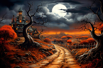 Halloween spooky landscape paintnig, night, haunted castle - obrazy, fototapety, plakaty