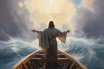 Foto op Canvas Jesus Christ on the boat calms the storm at sea. © ZayNyi