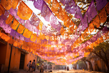 Papel picado tissue paper banners strung across street in Mexico, soft blurred background, holiday, Day of the Dead