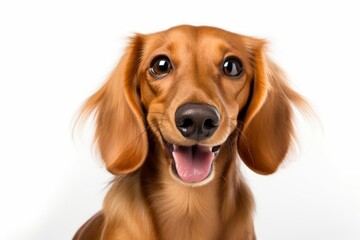 Cute playful doggy or pet is playing and looking happy isolated on white background. dachshund young dog is posing. Cute, happy crazy dog headshot smiling on white, png, Generative AI