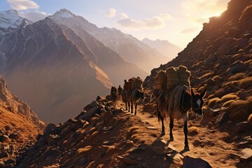 Journey Through Atlas Majesty. Witness the Nomadic Culture as Berbers and Mules Embark on an Adventure Laden with Bags and Boxes in the Moroccan Wilderness of Toubkal - obrazy, fototapety, plakaty